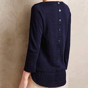 Anthropologie Portico Pullover Navy Knit Top Layered Eyelet Hem